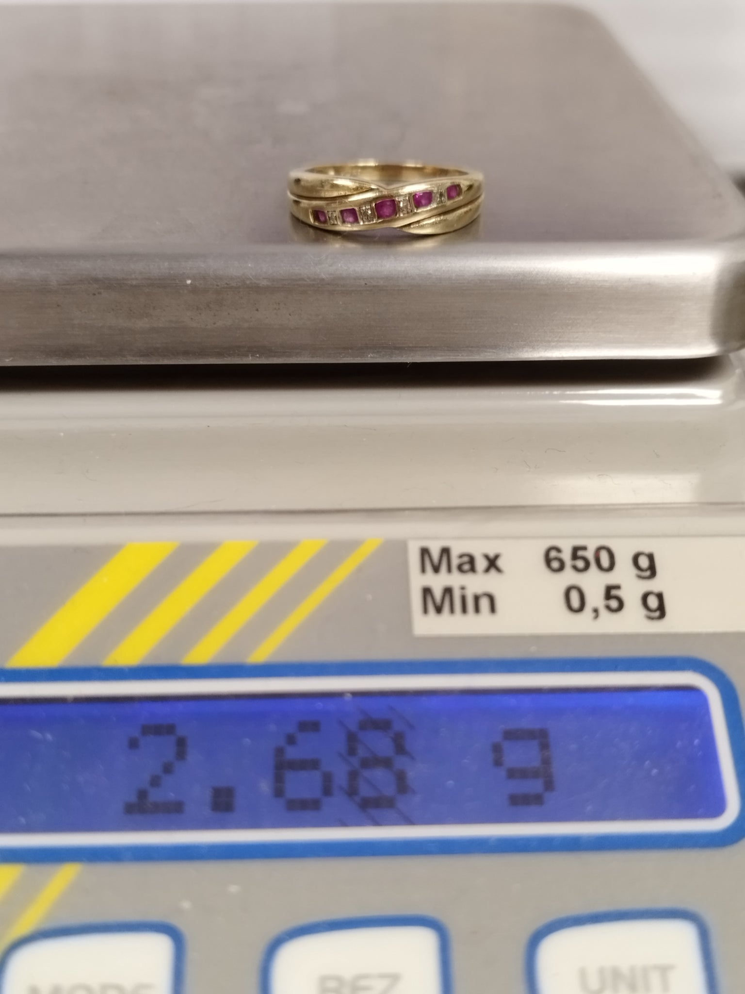 9ct Yellow Gold Diamond and Red Stone Ring - Size O