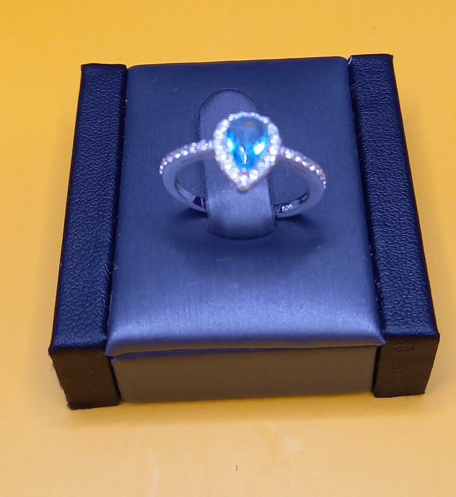 Silver Tear Drop Ring Blue Stone Size-N