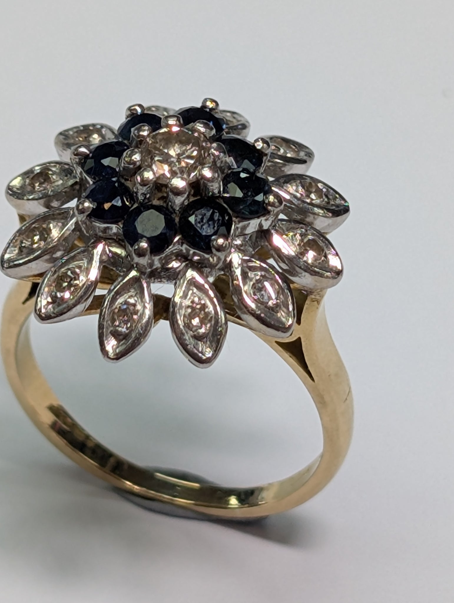 18ct Gold Diamond Flower Ring with Black Stones - Size N 1/2