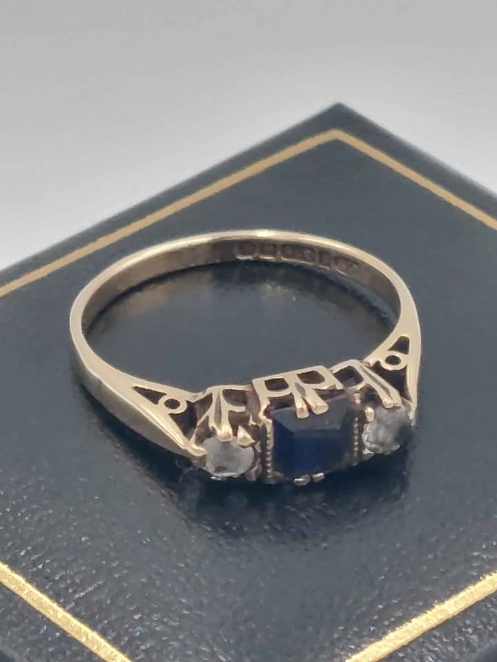 (9ct Hallmarked&Tested), Gold Three Stone Ring, (Two Clear, One Blue), 2.3g, Size Q