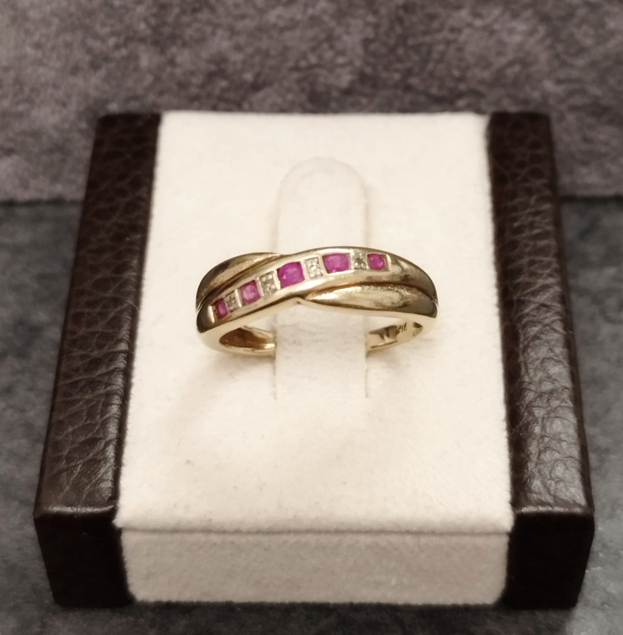 9ct Yellow Gold Diamond and Red Stone Ring - Size O