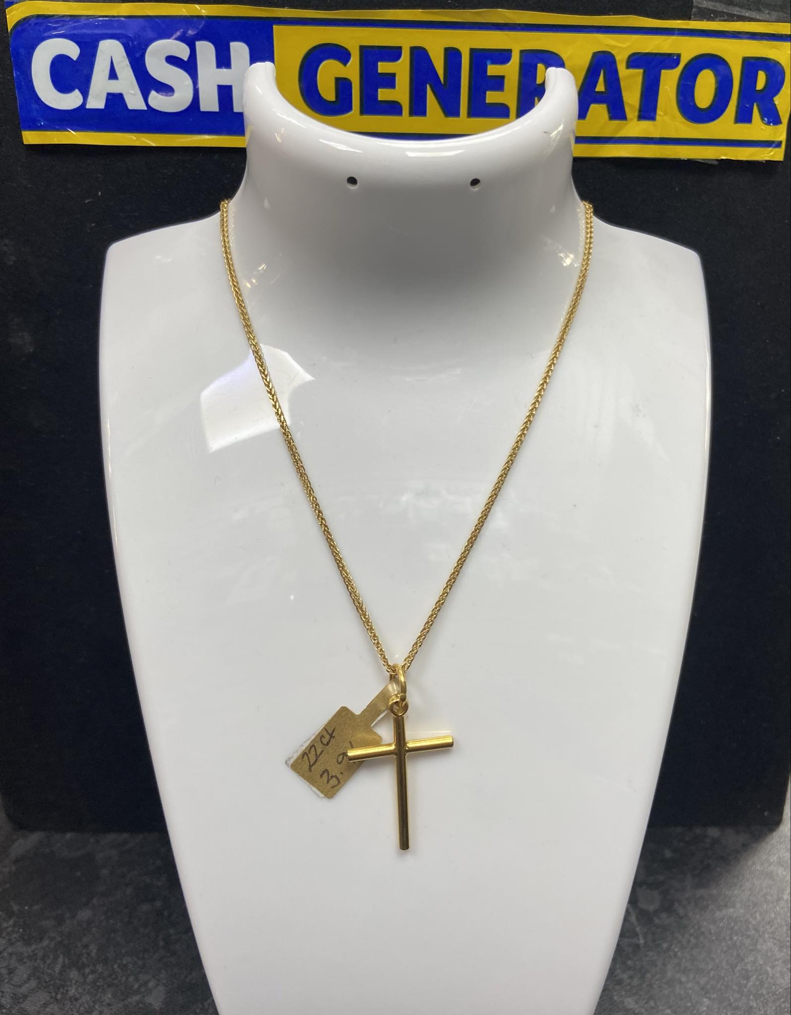 22ct Gold Cross Pendant 3.96g/ 21ct Gold Chain 4.37g 16"