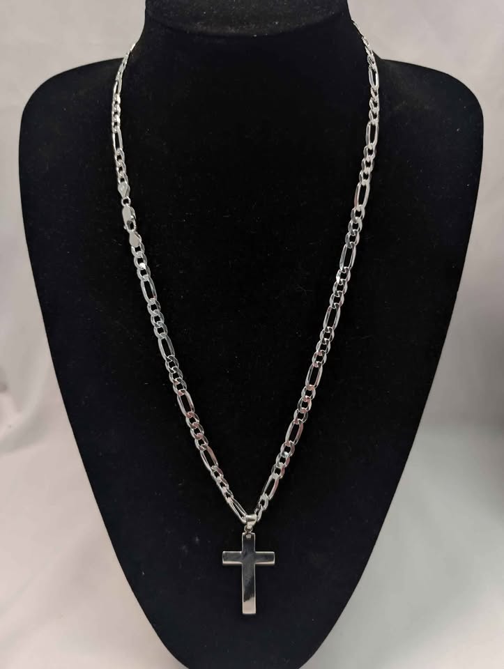 925 Sterling Silver 3-In-1 Figaro 3-in-1 Chain With Cross Pendant - 26.6 Grams - 24" Long *BRAND NEW