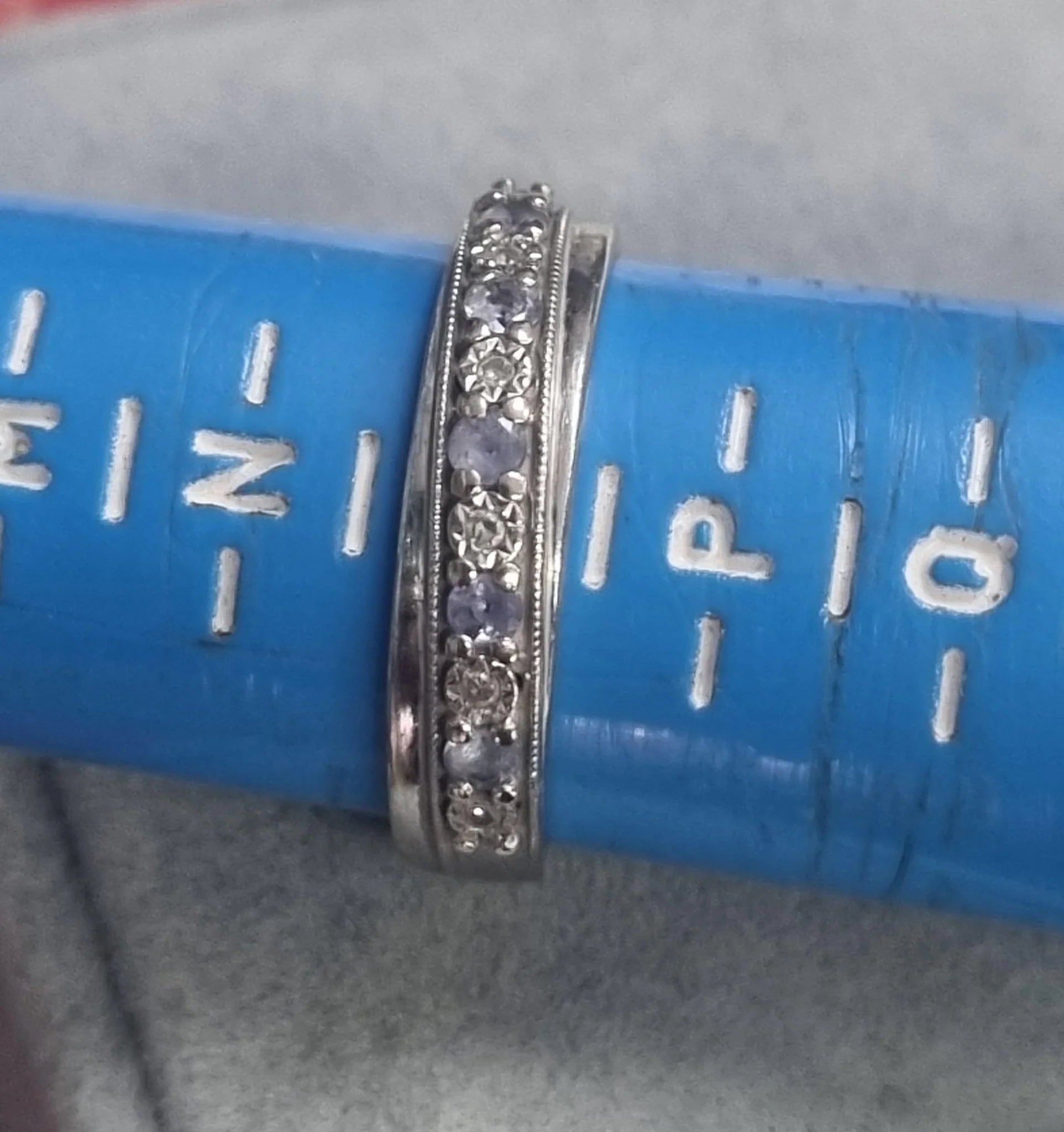 9ct White Gold Diamond Ring Purple stones Size O