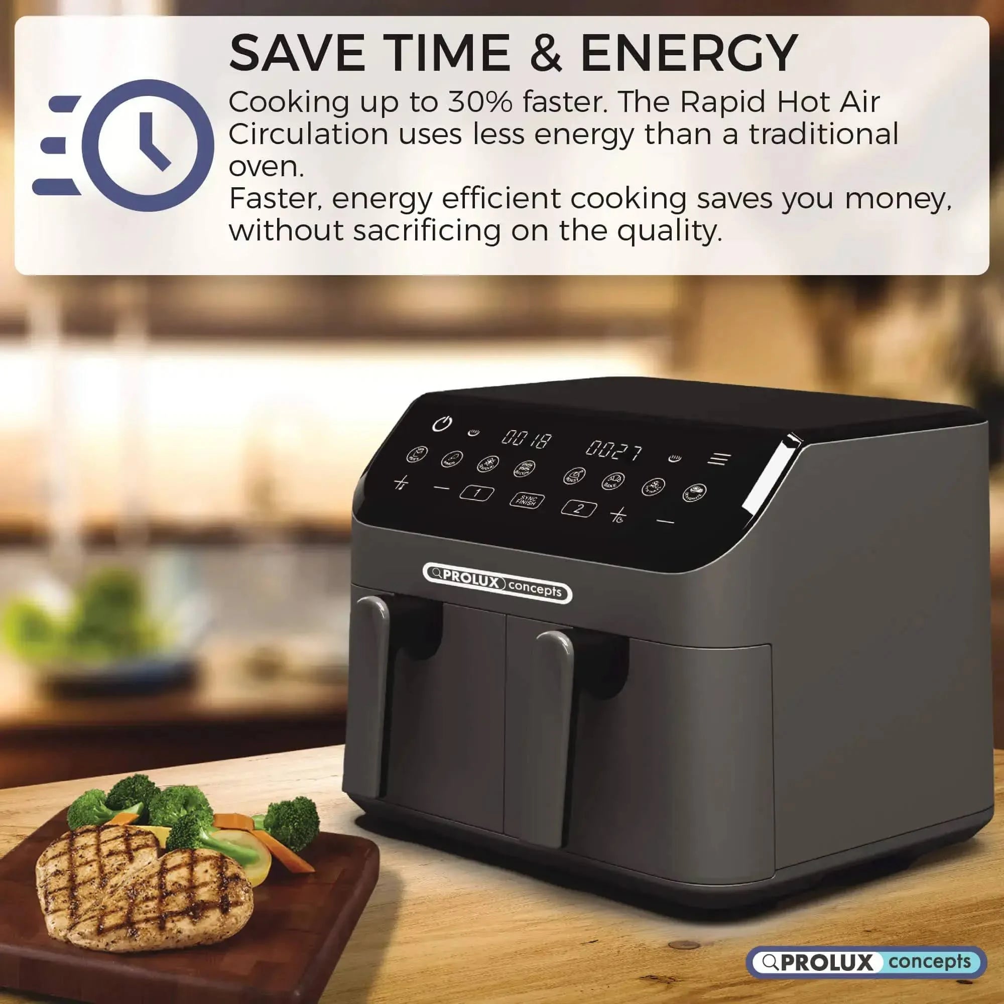 Prolux Concepts - 9L Air Fryer Family Size - Digital Display, Dual Basket, Sync Finish - Black