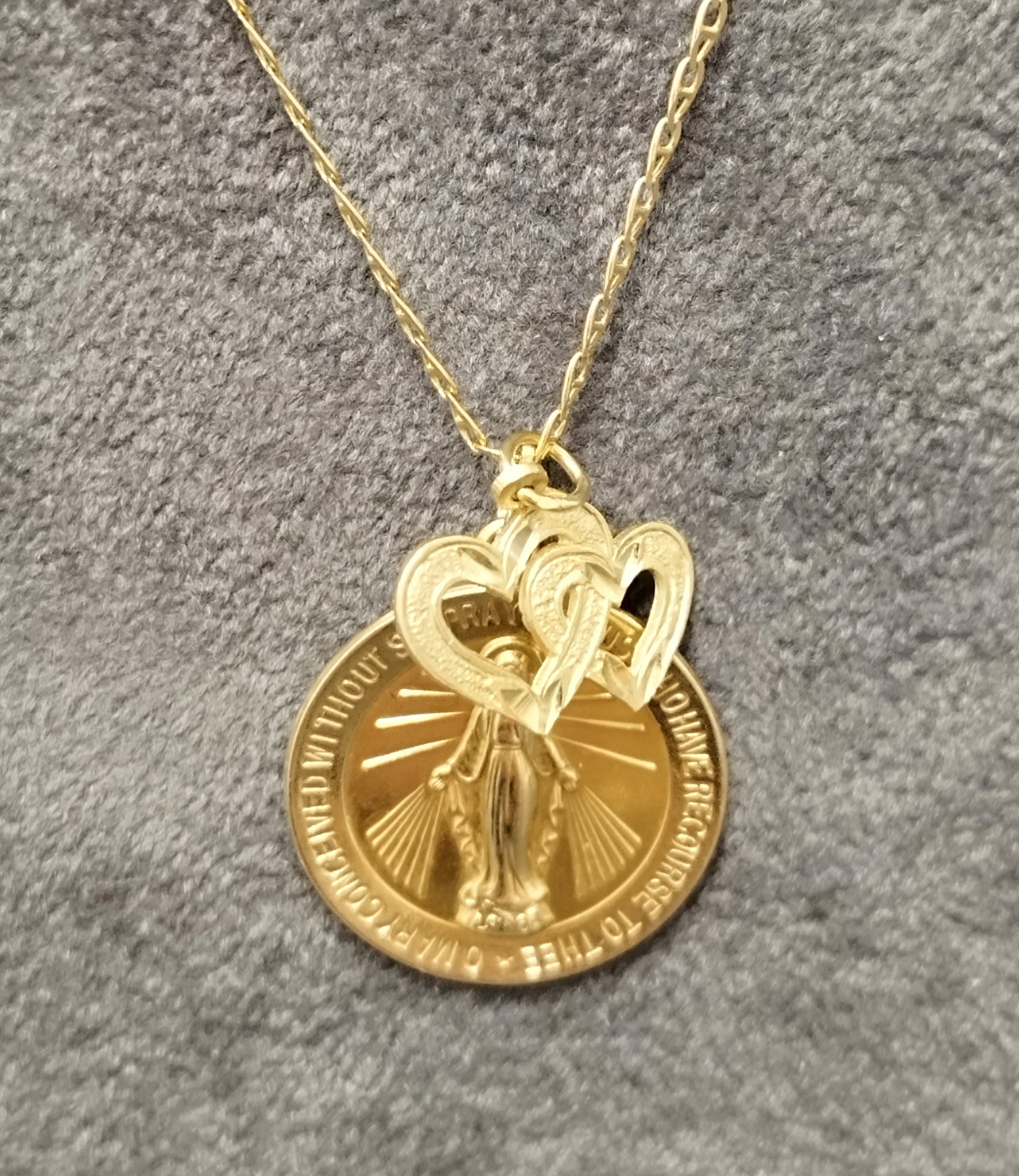 14ct Yellow Gold Virgin Mary Pendant on 21" Anchor Chain Plus Double Heart Pendant