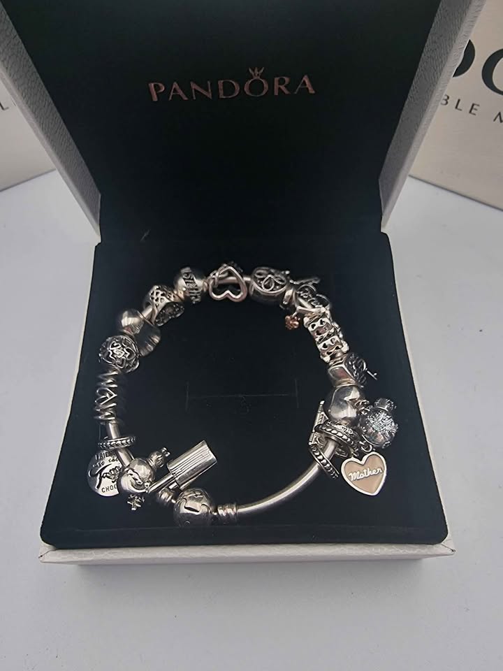 Pandora (ALE 925) Sterling Silver Charm Bangle Bracelet - With 18x Assorted Charms