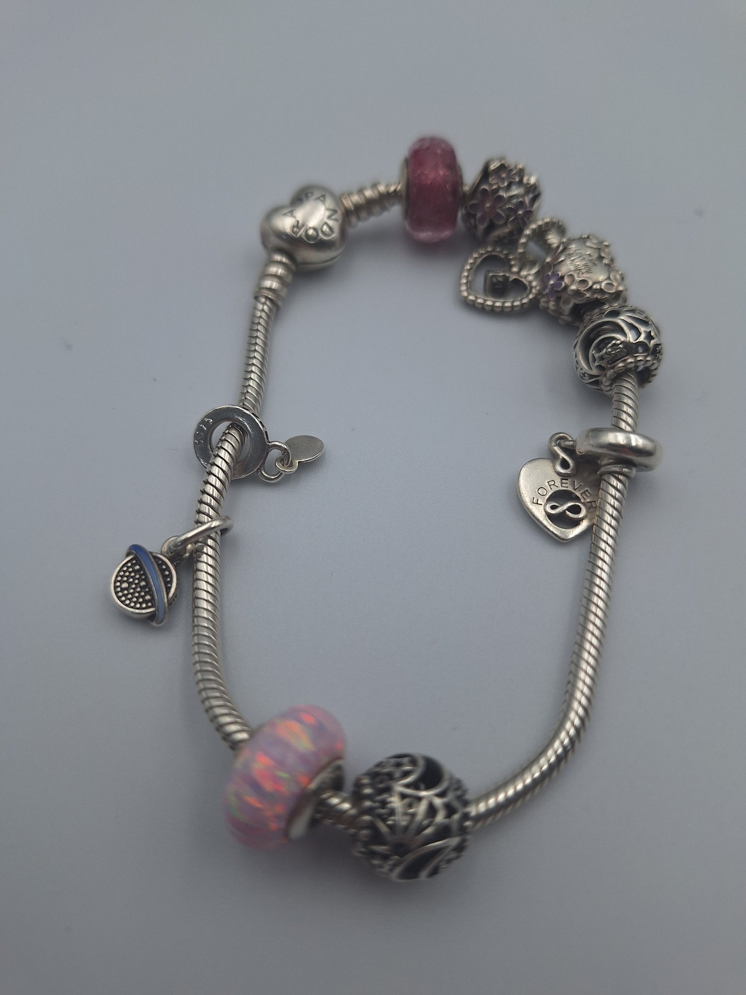 Pandora Moments Silver Heart Clasp Bracelet with 10 x Charms and original Pandora box