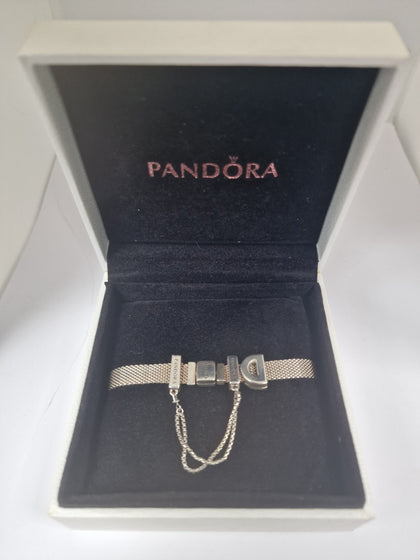 Pandora Flat Bracelet  With Safety Chain and 1 Charm 925