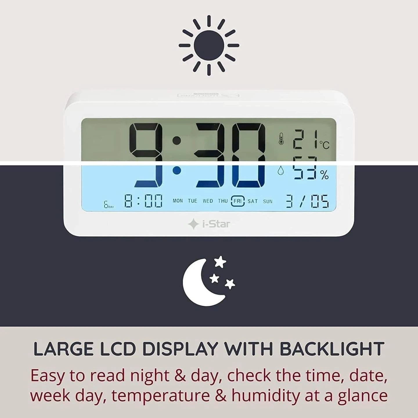 i-Star Portable White Alarm Clock with Temperature and Humidity