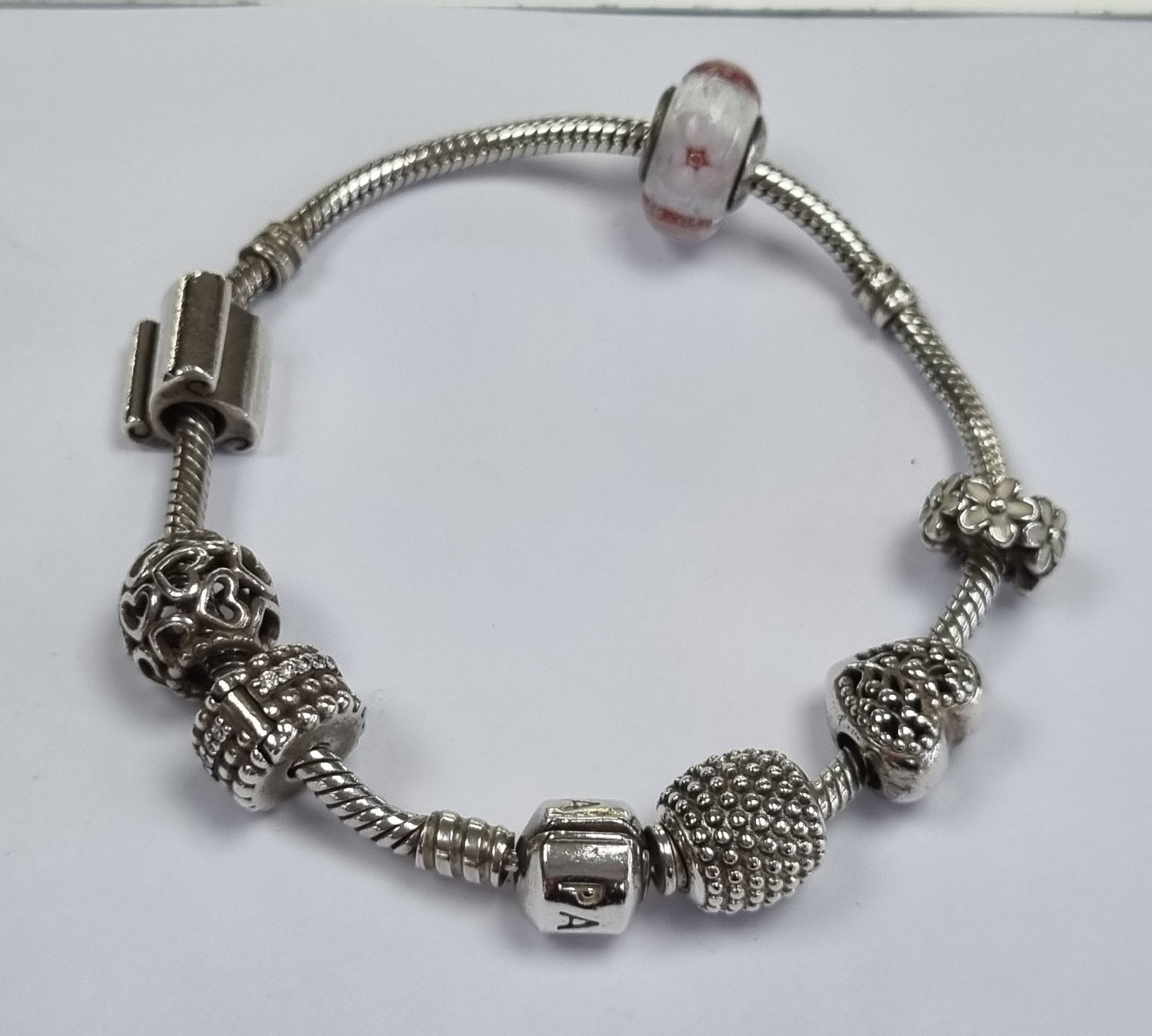 PANDORA SILVER SNAKE BRACELET WITH 7 CHARMS 20CM