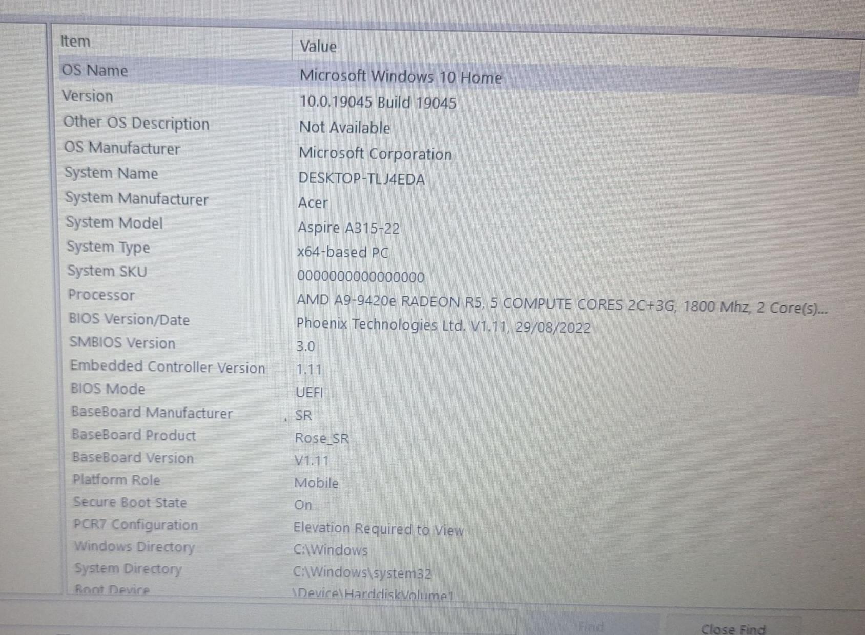 Acer Aspire A315-22 - AMD  A9-942OE - 8GB RAM - 1TB HDD