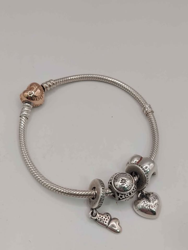 (925 ALE Hallmarked&Tested), Gold Heart Bracelet With Four Charms
