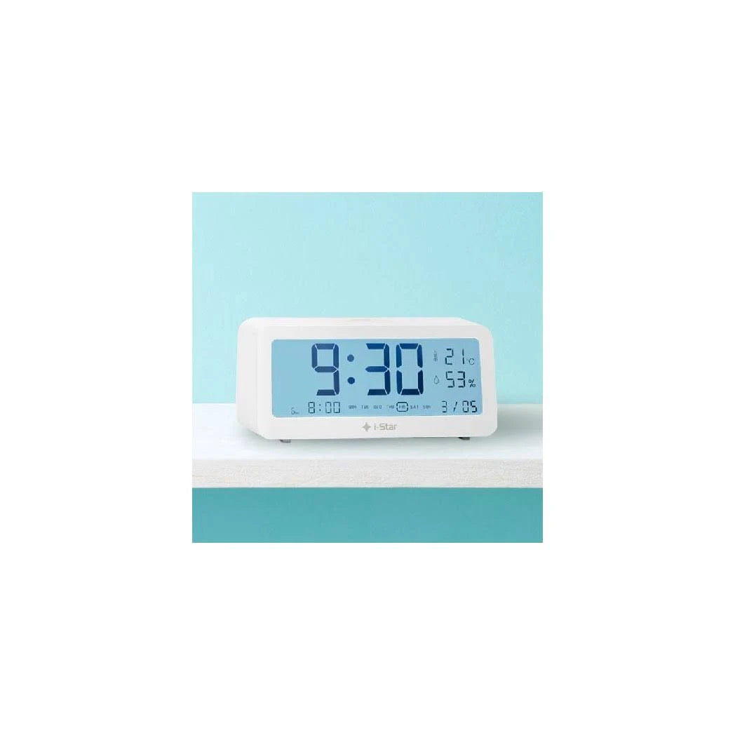 i-Star Portable White Alarm Clock with Temperature and Humidity
