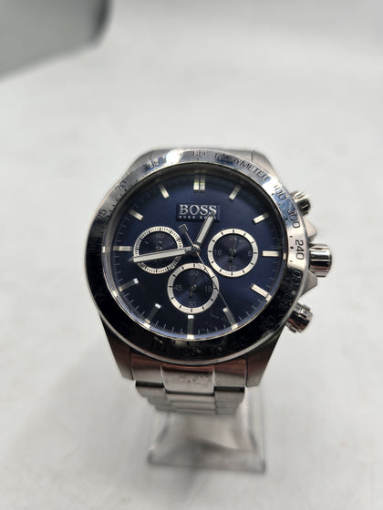 boss watch, silver strap blue face