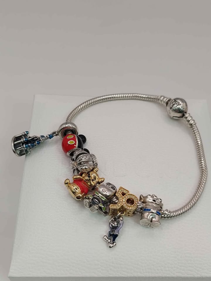 (925 ALE Hallmarked&Tested), Pandora Disney Parks Bracelet With Five Disney Charms, One Crown Charm