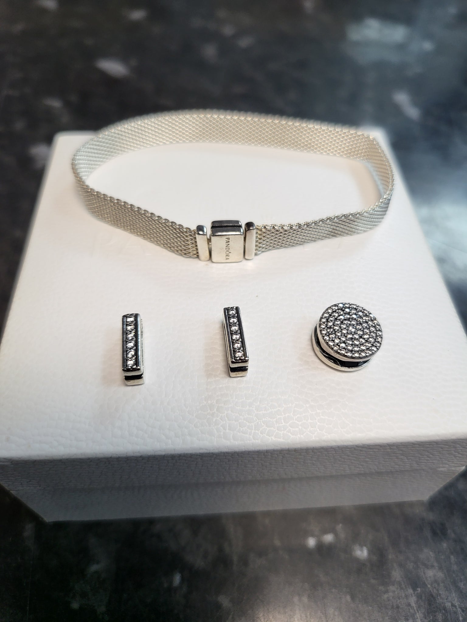 Pandora Reflexions Mesh Bracelet - 7"  & 3 Clip Charms