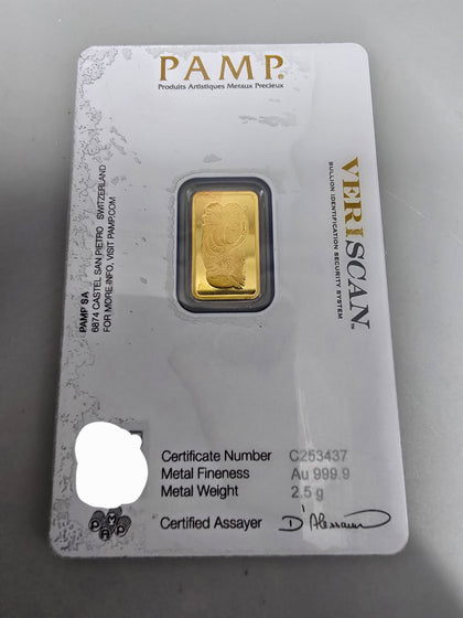PAMP VERSISCAN Certified 999.9 prof 22ct 916 2.5G Gold Bar