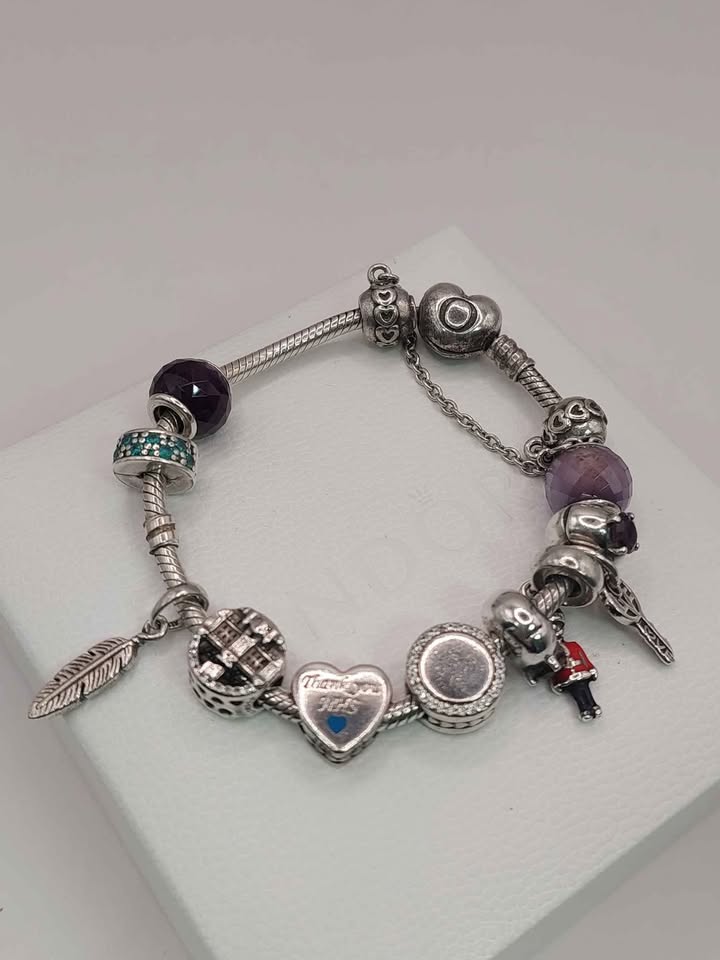 (925 ALE Hallmarked&Tested), Pandora Heart Clasp Bracelet, With Twelve Charms