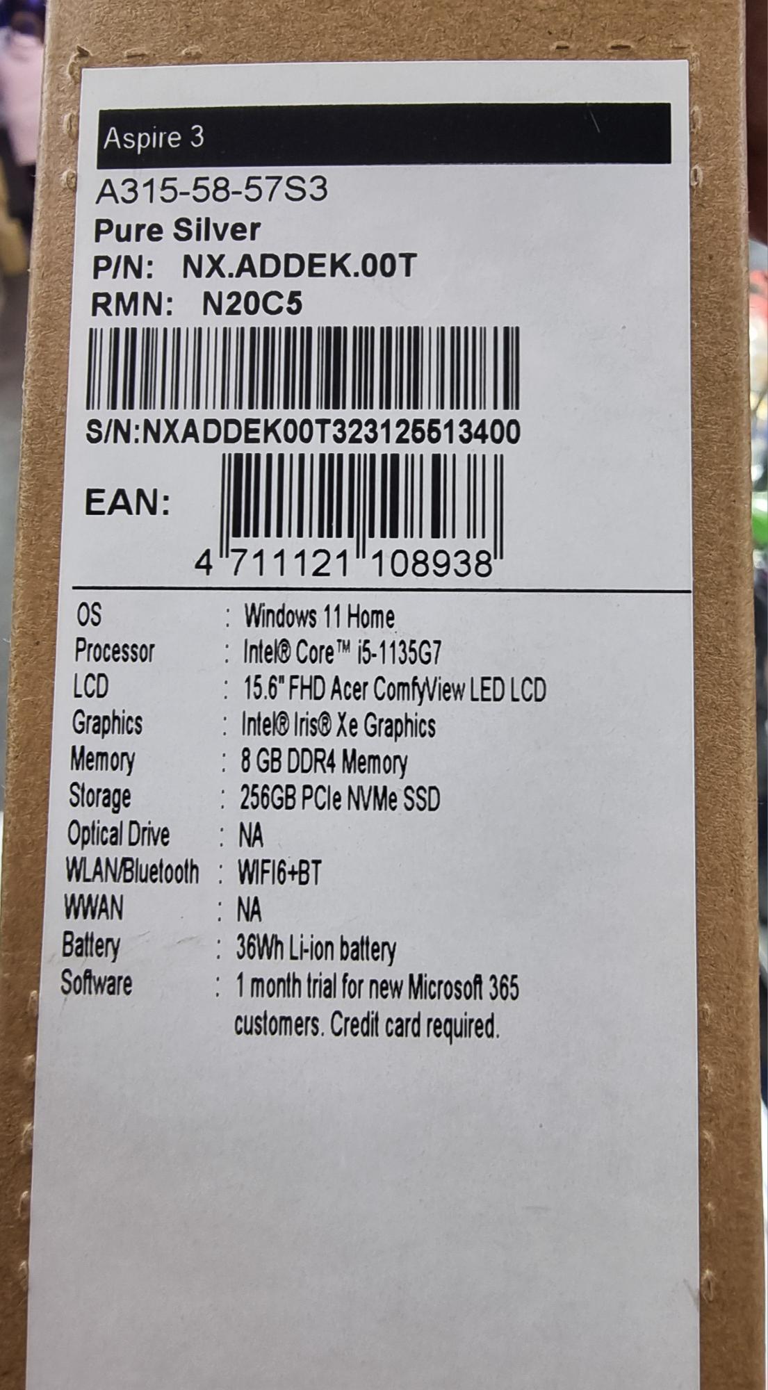 Acer Aspire 3 15.6 Laptop, Intel Core I5 11th Gen, 256gb Ssd, Silver