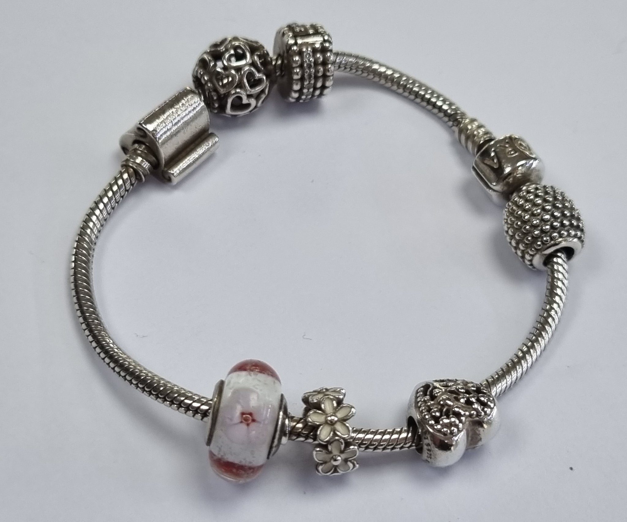 PANDORA SILVER SNAKE BRACELET WITH 7 CHARMS 20CM
