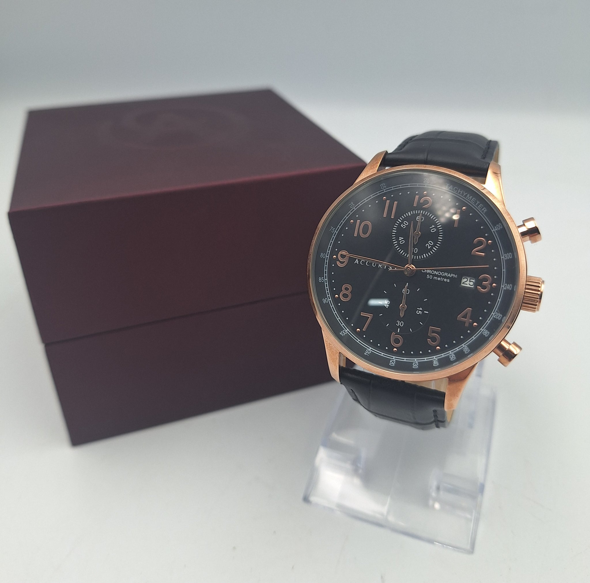 **BRAND NEW** Accurist 7353 men's rose gold/black chronograph watch with genuine black leather strap BOXED
