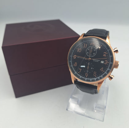 **BRAND NEW** Accurist 7353 men's rose gold/black chronograph watch with genuine black leather strap BOXED