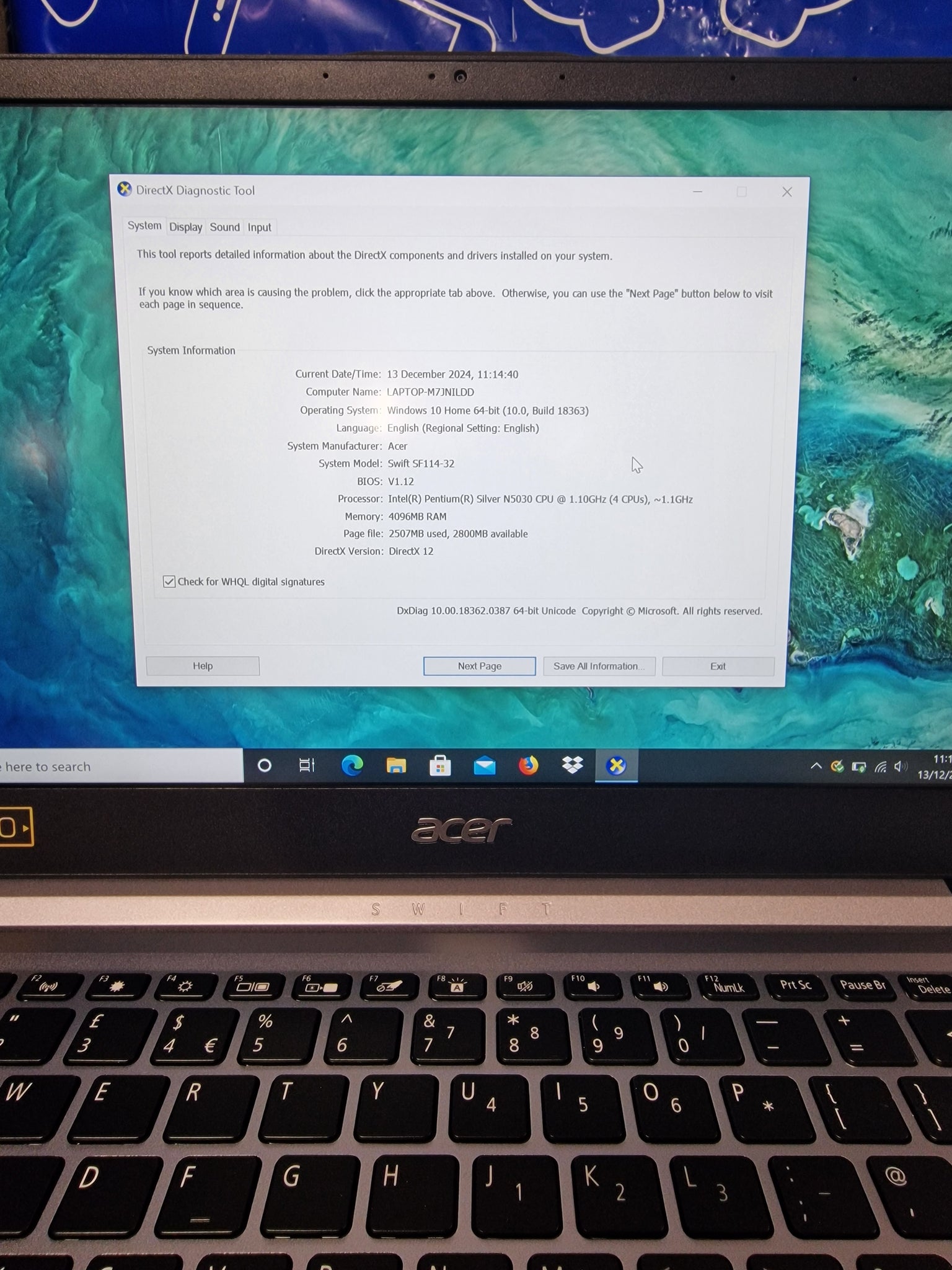 Acer SF114-32/N5030/4GB Ram/128GB SSD/14"/W10/B