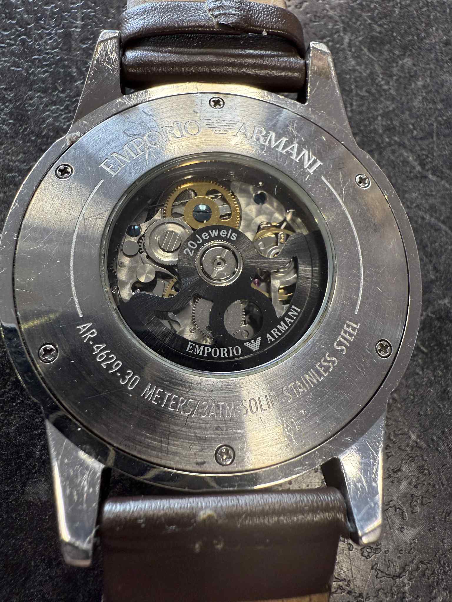 Emporio Armani - Mens AR4629 Black Leather Skeleton Meccanico Watch