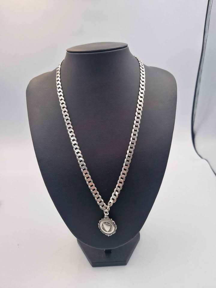 925 Sterling Silver Curb Chain Necklace With Shield Fob Pendant - 41.33 Grams - 22" Long