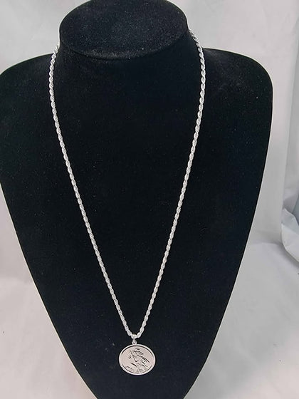 925 Sterling Silver Twist Rope Chain With Big St.Christopher Pendant - 24.3 Grams - 24