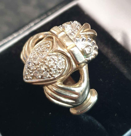 9ct Yellow Gold Claddagh Ring with Clear Stones - Size L.