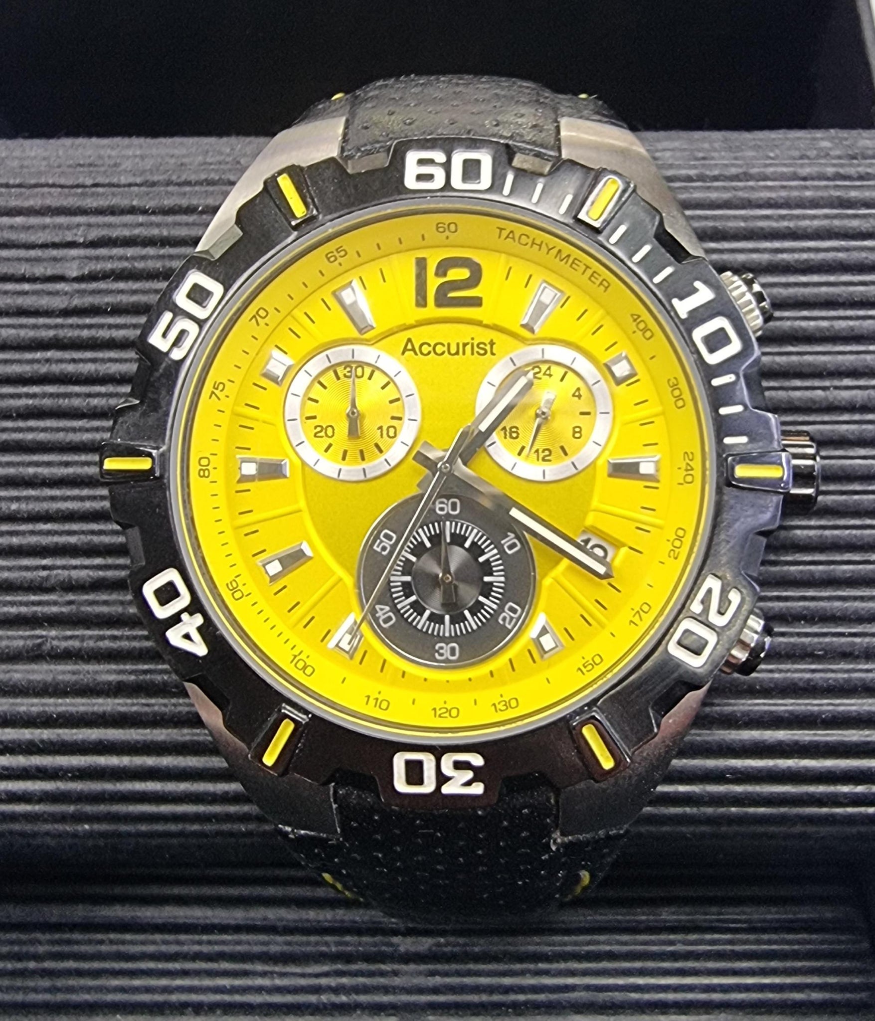 Accurist - Gents Black Leather Strap Watch with Yellow Chronograph Dial