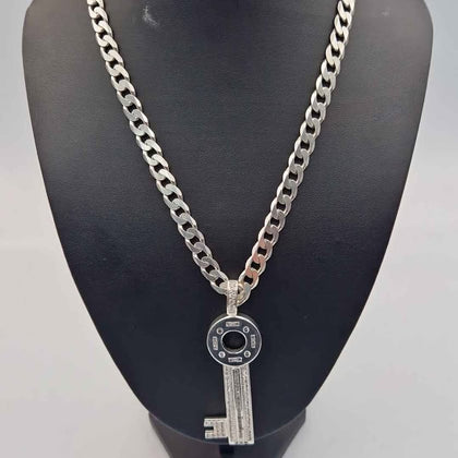 925 Sterling Silver Curb Chain Necklace With Big CZ Key Pedant - 97.93 Grams - 22
