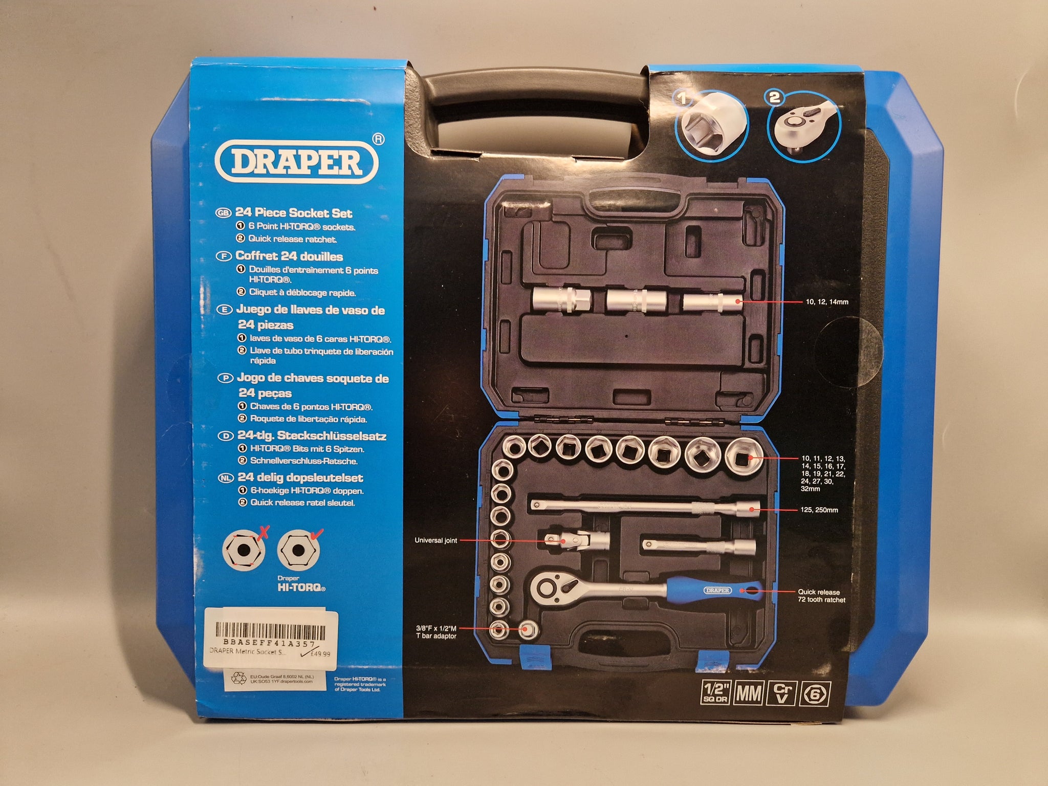 DRAPER Metric Socket Set, 1/2" Sq. Dr. 24 Piece