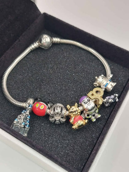 (925 ALE Hallmarked&Tested), Pandora Disney Parks Bracelet With Five Disney Charms, One Crown Charm