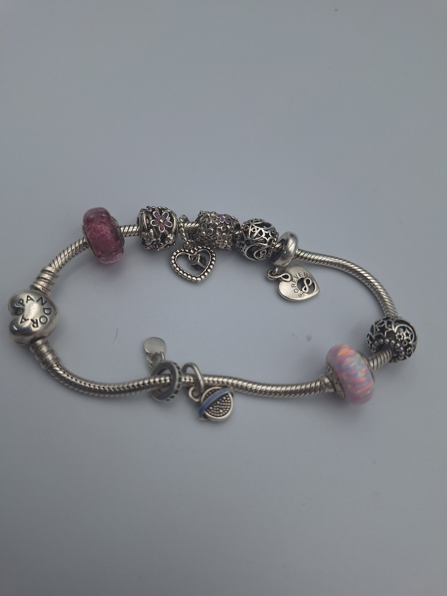 Pandora Moments Silver Heart Clasp Bracelet with 10 x Charms and original Pandora box