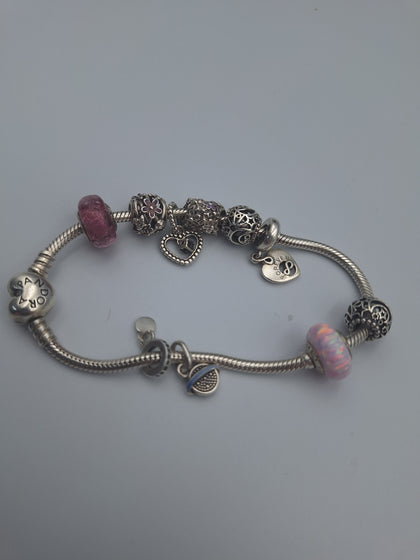 Pandora Moments Silver Heart Clasp Bracelet with 10 x Charms and original Pandora box