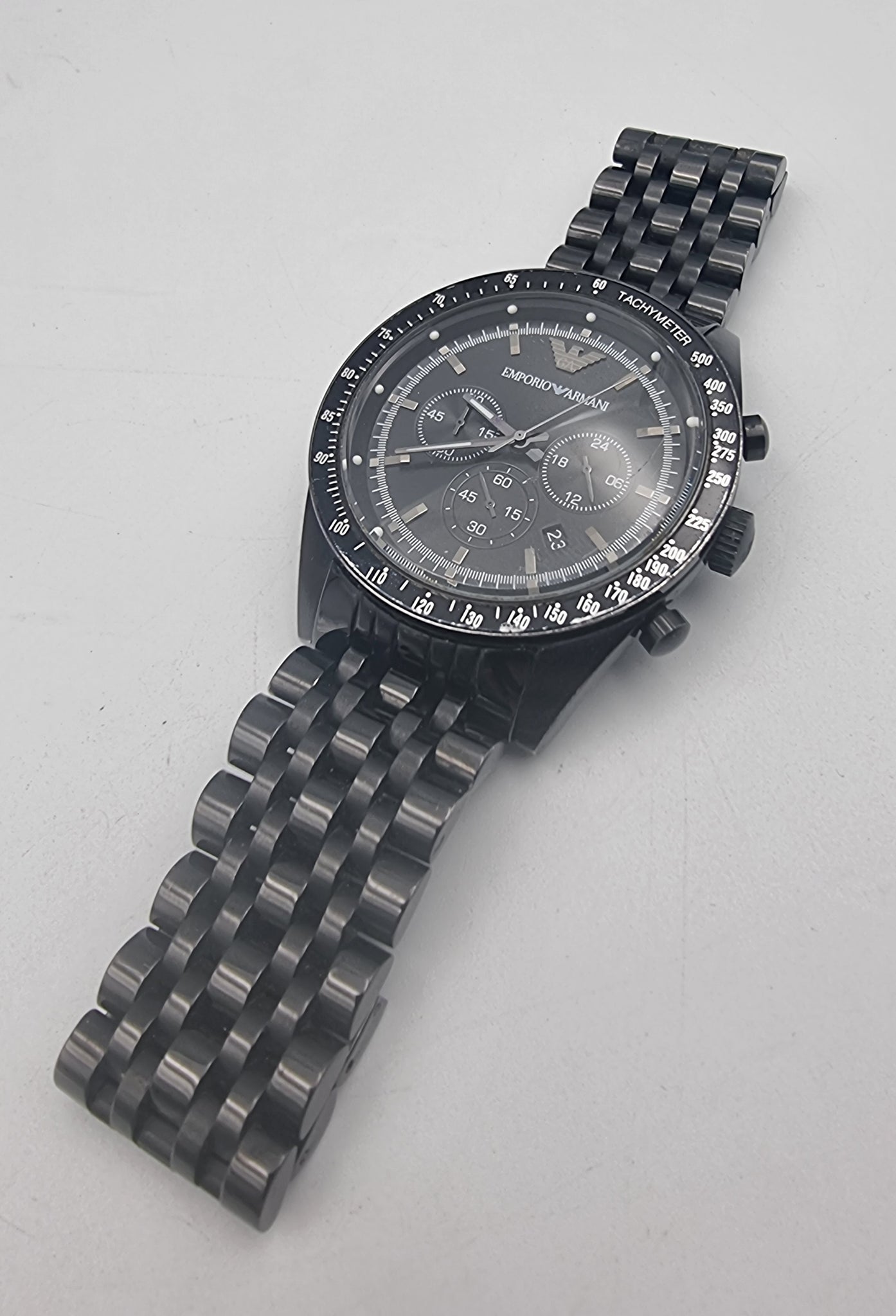 Emporio Armani AR5989 men's black chronograph watch with original box and papers