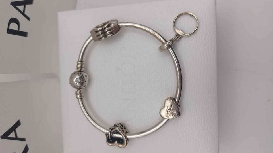Pandora Bangle plus 3 Charms Boxed 925 **4th hand Charm nor Pandora**