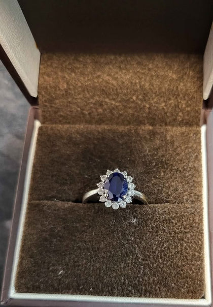 9ct White Gold Blue Cubic Zirconia Halo Ring - Size N - 2.41G