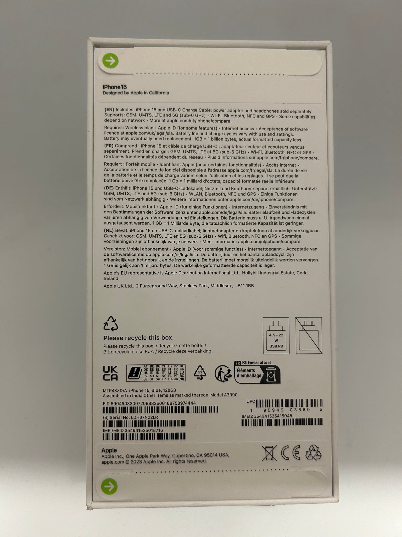 (A) Apple iPhone 15 128GB Blue Boxed (Unopened/Sealed)