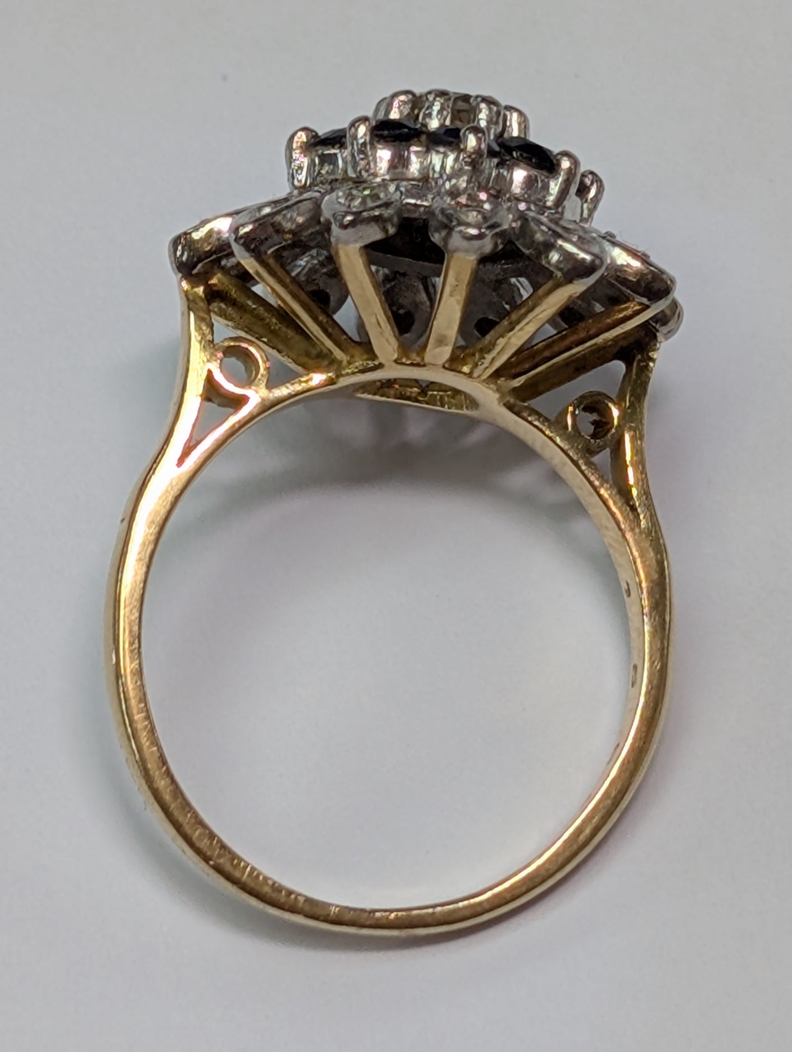 18ct Gold Diamond Flower Ring with Black Stones - Size N 1/2