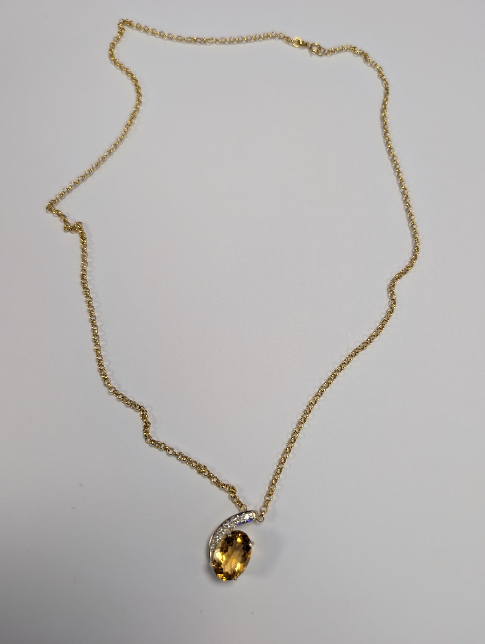 9ct gold Belcher chain with large yellow stone pendant