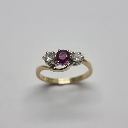 9ct Gold Ruby and Diamond Three Stone Hallmarked Ring size L
