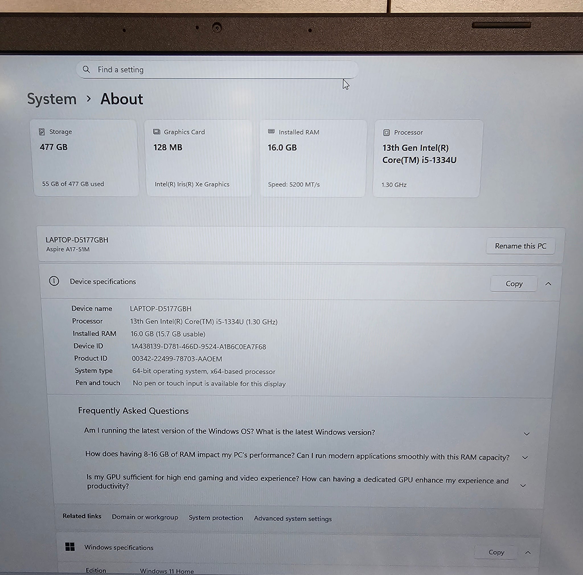 Acer Aspire 17 A17-51M Laptop - Intel Core i5-1334U, 16GB, 512GB SSD, Integrated Graphics, 17.3" Full HD, Windows 11, Iron