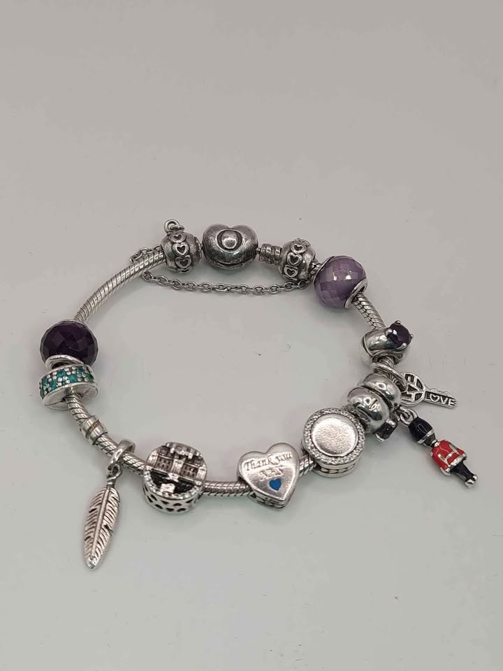 (925 ALE Hallmarked&Tested), Pandora Heart Clasp Bracelet, With Twelve Charms