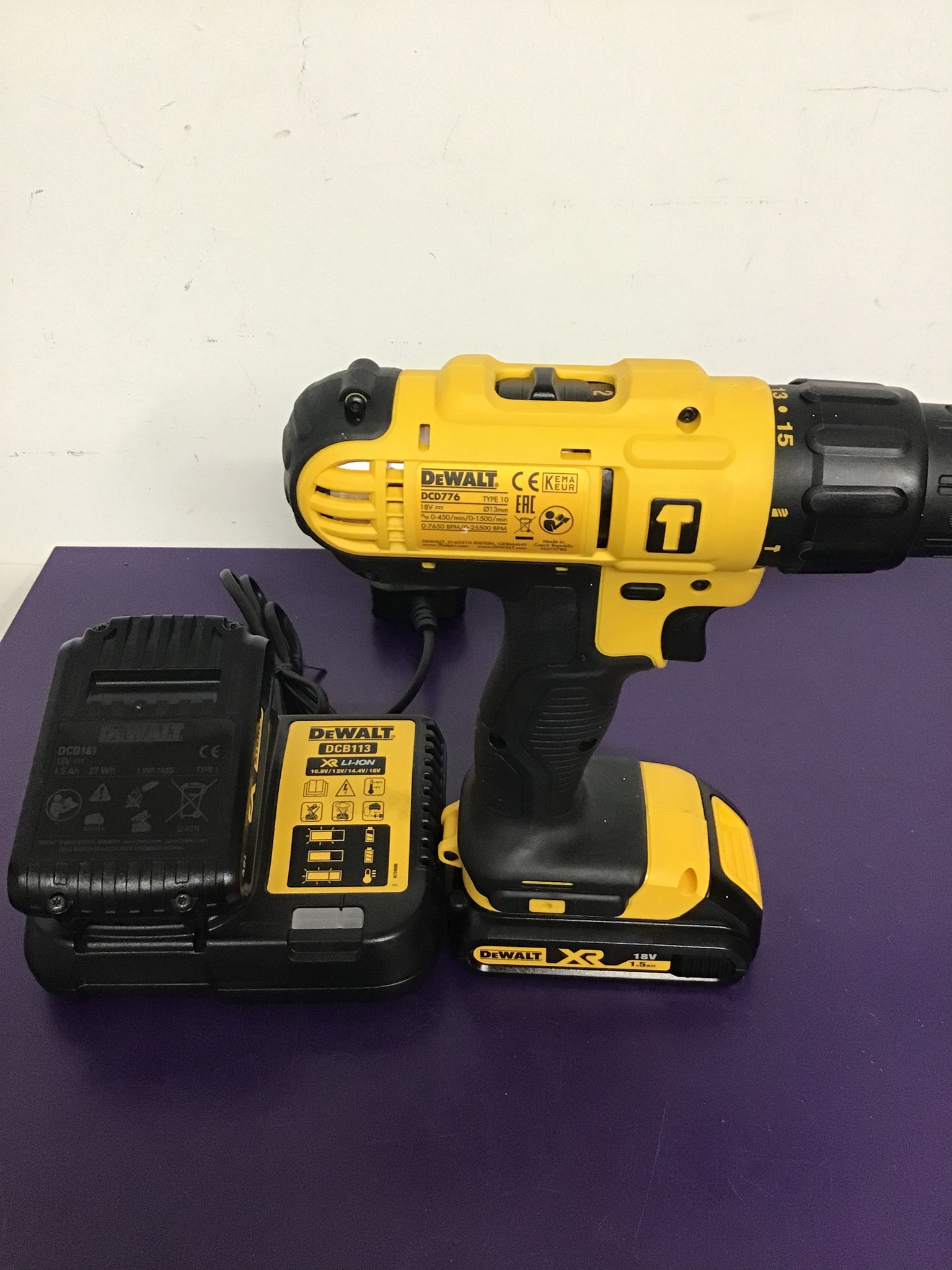 DEWALT DCD776 Combi drill with 2 batteries and a charger