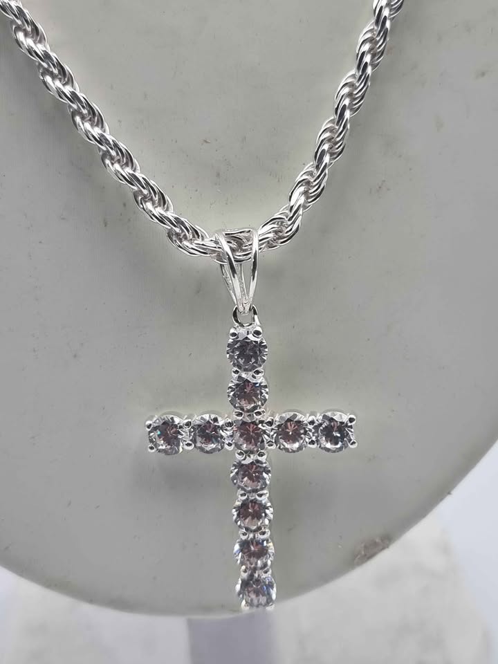 925 Sterling Silver Rope Chain Necklace With CZ Cross Pendant - 24" Long - 33.52 Grams **BRAND NEW**