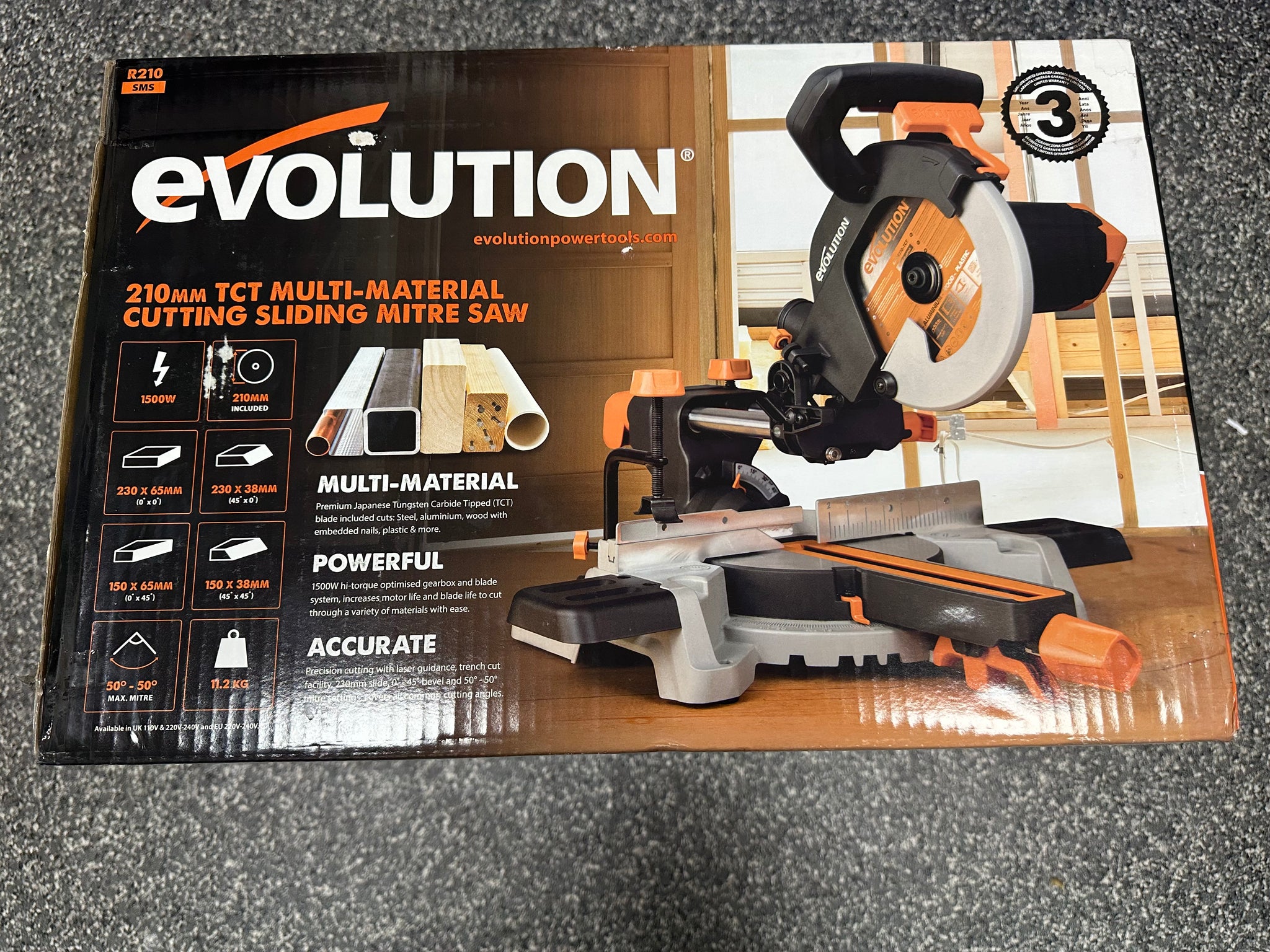 Evolution 1500W 240V 210mm Corded Sliding Mitre Builder DIY Saw R210SMS